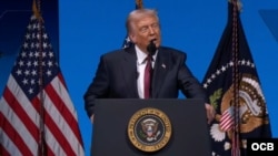 El presidente Trump defendió la visión económica y las estrategias de su administración para impulsar el avance de los Estados Unidos, durante su intervención en el America Business Forum 2025, en el Kaseya Center de Miami.