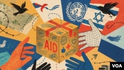 Ilustración de VOA sobre la ayuda humanitaria al pueblo de Gaza tras el conflicto entre Israel y Hamás.