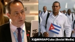 El ministro de Salud Pública de Cuba, José Ángel Portal Miranda (izq.) junto a una foto de las misiones médicas cubanas. (X/@MINSAPCuba)
